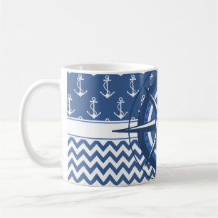 Nautical Blue and White Chevron en Anchor Pattern Koffiemok