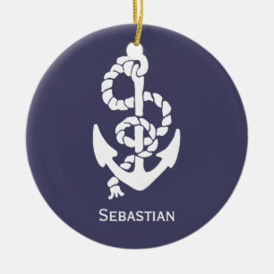 Nautical Blue and White Ships Anchor and Rope Keramisch Ornament