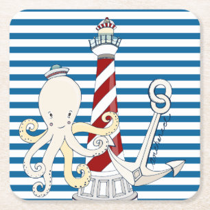 Nautical Blue and White Strip Paper Onderzetters
