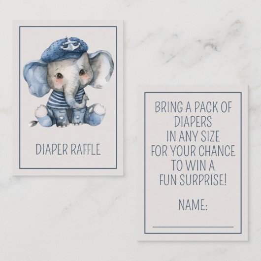 Nautical Blue Baby Elephant Diaper Raffle Informatiekaartje (Voorkant / Achterkant)