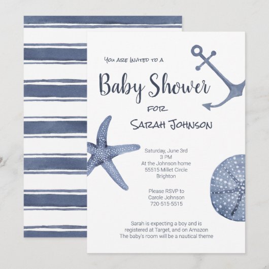 Nautical Blue Baby shower Invitation Kaart (Voorkant / Achterkant)