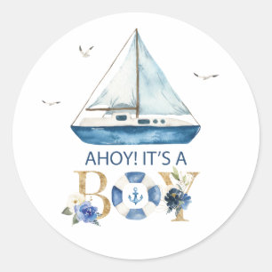 Nautical Blue Boat Ahoy Het is een jongen Dank je  Ronde Sticker