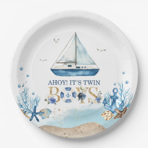 Nautical Blue Boat Ahoy Het is Twin Boys Baby show Papieren Bordje
