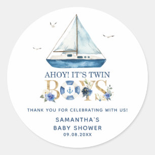 Nautical Blue Boat Ahoy Het is Twin Boys Favors Ronde Sticker