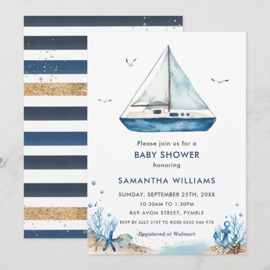 Nautical Blue Boat Baby Shower Kaart (Voorkant / Achterkant)
