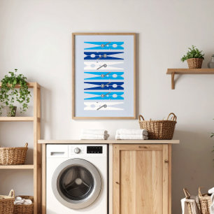 Nautical Blue Clothes Pins Laundry Room Art Poster