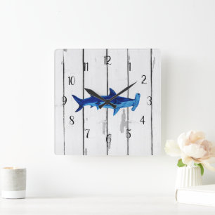 Nautical Blue Hammerhead Shark Shiplap Rustic Vierkante Klok