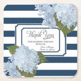 Nautical Blue Hydrangea White Striped Floral Art Vierkante Kartonnen Onderzetter