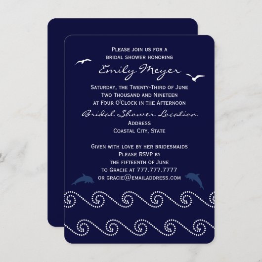 Nautical Blue Ocean Waves Bridal Shower Uitnodigin Kaart (Voorkant / Achterkant)