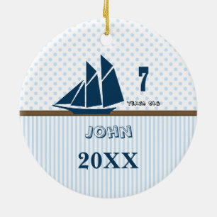 Nautical Blue Sail Boat Stripes Your Photo Keramisch Ornament