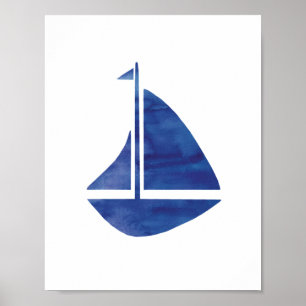 Nautical Blue Sailboat Waterverf Painting Poster