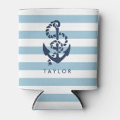 Nautical Blue Stripe & Navy Anchor Personalized Blikjeskoeler (Voorkant)
