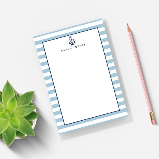 Nautical Blue Stripe & Navy Anchor Personalized Post-it® Notes
