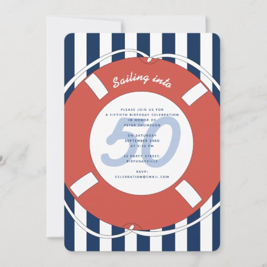 Nautical Blue Striped 50th Birthday Kaart (Voorkant)