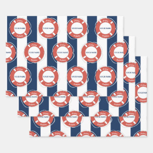 Nautical Blue Striped Custom Name Birthday Inpakpapier Vel