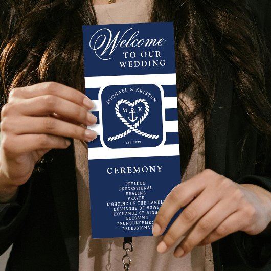 Nautical Blue Striped Heart Anchor Wedding Programma