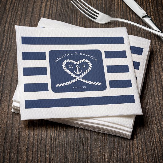 Nautical Blue Striped Heart Anchor Wedding Servet