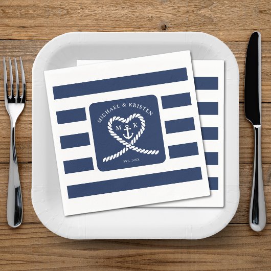 Nautical Blue Striped Heart Anchor Wedding Servet