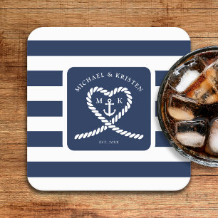 Nautical Blue Striped Heart Anchor Wedding Vierkante Kartonnen Onderzetter