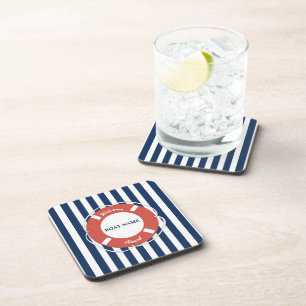 Nautical Blue Striped Welcome Aboard Name Bier Onderzetter