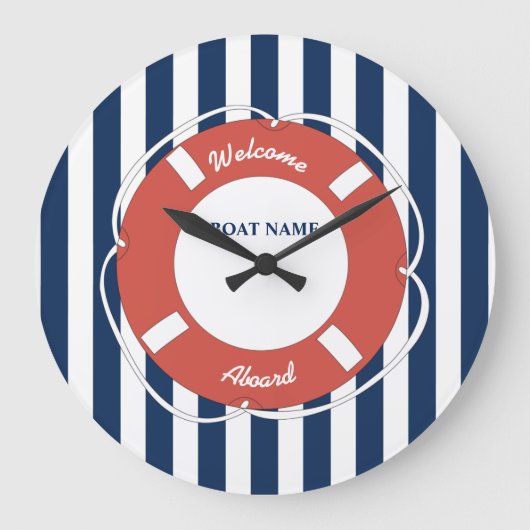 Nautical Blue Striped Welcome Aboard Name  Grote Klok (Voorkant)