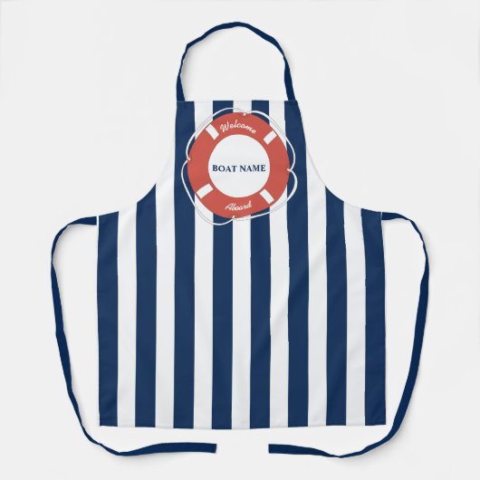 Nautical Blue Striped Welcome Aboard Name Schort (Voorkant)