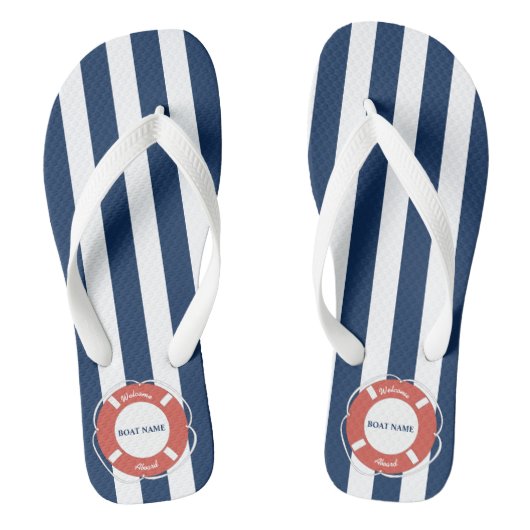 Nautical Blue Striped Welcome Aboard Name Teenslippers (Voetbed)