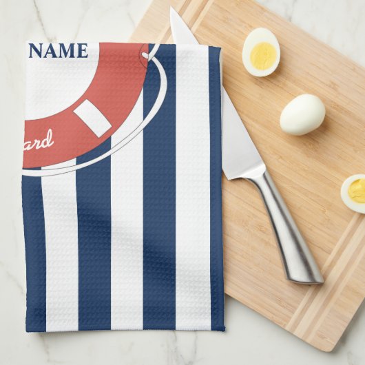 Nautical Blue Striped Welcome Aboard Name Theedoek (Quarter Fold)