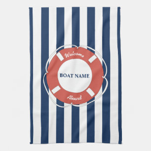 Nautical Blue Striped Welcome Aboard Name Theedoek
