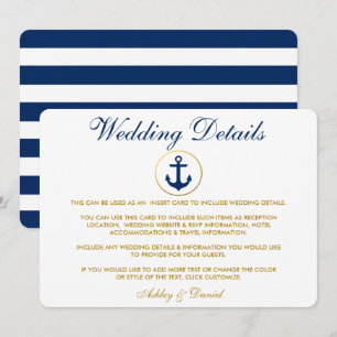 Nautical Blue Stripes Gold Wedding Details Invoege Kaart
