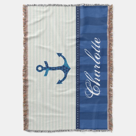 Nautical Blue Stripes Pattern Anchor Custom Name Deken (Voorkant Verticaal)