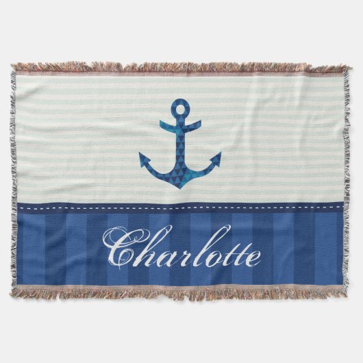 Nautical Blue Stripes Pattern Anchor Custom Name Deken (Voorkant)