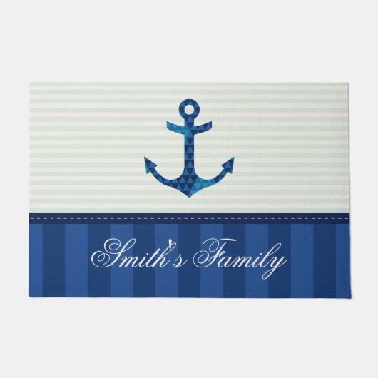 Nautical Blue Stripes Pattern Anchor Custom Name Deurmat (Voorkant)