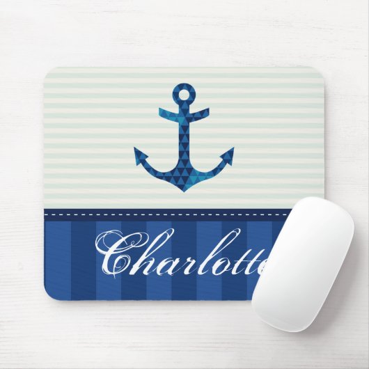 Nautical Blue Stripes Pattern Anchor Custom Name Muismat (Met muis)