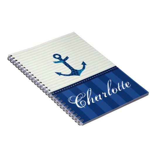 Nautical Blue Stripes Pattern Anchor Custom Name Notitieboek (Rechterzijde)