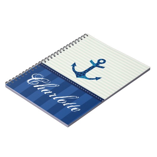 Nautical Blue Stripes Pattern Anchor Custom Name Notitieboek (Linkerzijde)
