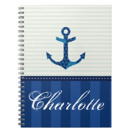 Nautical Blue Stripes Pattern Anchor Custom Name Notitieboek