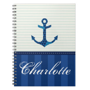Nautical Blue Stripes Pattern Anchor Custom Name Notitieboek