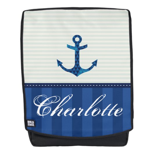 Nautical Blue Stripes Pattern Anchor Custom Name Rugtassen (Voorkant)