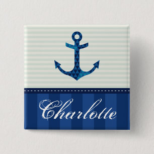 Nautical Blue Stripes Pattern Anchor Custom Name Vierkante Button 5,1 Cm