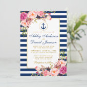 Nautical Blue Stripes Pink Floral Invite B Kaart (Staand voorkant)