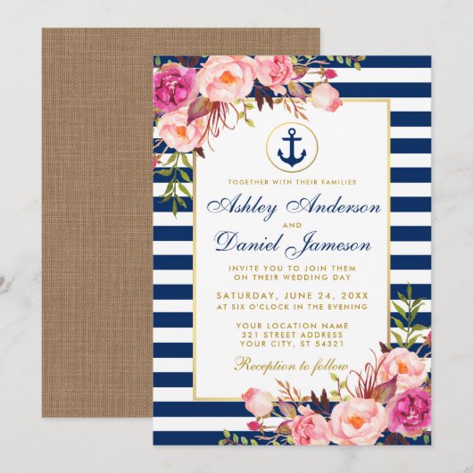 Nautical Blue Stripes Pink Floral Invite B Kaart (Voorkant / Achterkant)