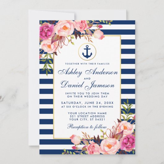 Nautical Blue Stripes Pink Floral Invite Kaart (Voorkant)