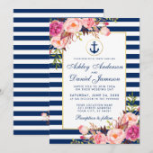 Nautical Blue Stripes Pink Floral Invite Kaart (Voorkant / Achterkant)