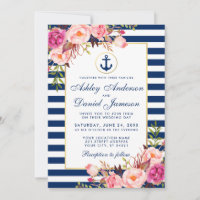 Nautical Blue Stripes Pink Floral Invite