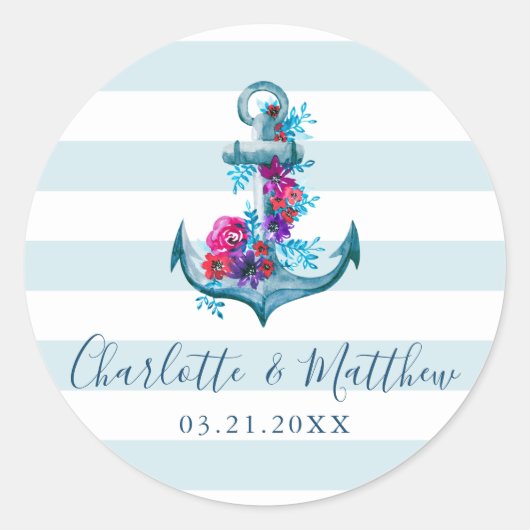 Nautical Blue Stripes Waterverf Anchor Wedding Ronde Sticker (Voorkant)