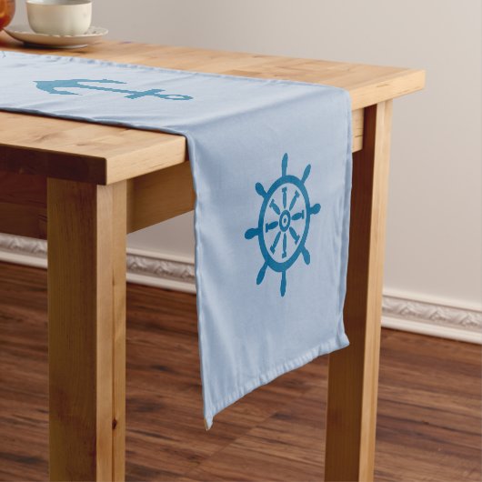 Nautical Blue Table Runner met Ship's Wheel Art Korte Tafelloper (Voorbeeld)