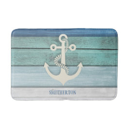 Nautical Blue Turquoise Distress Wood Anchor Badmat