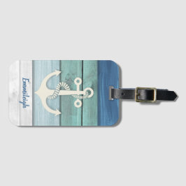Nautical Blue Turquoise Distress Wood Anchor Bagagelabel