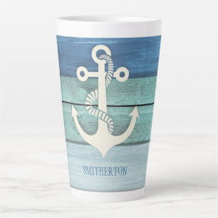 Nautical Blue Turquoise Wood Anchor Latte Mok